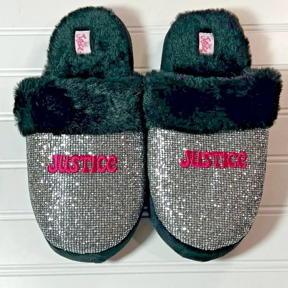 Justice Slip on Silver Sparkle Slippers Black Faux Fur Size 4-5 NWOT